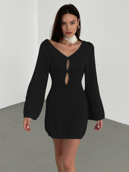 Beach Dresses- Beach Cover-Up Women's Open Knit Bell Sleeves Dress- Black- IndioGear.com