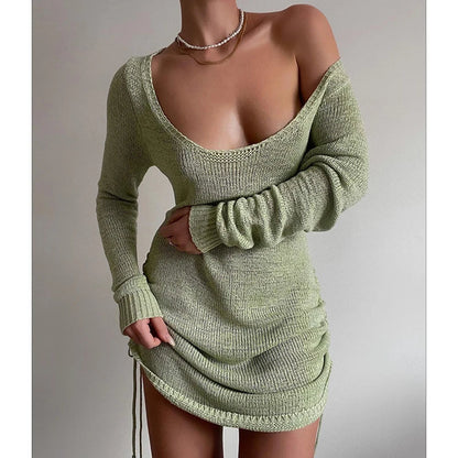 Beach Dresses- Knitted Mini Dress: Stylish Beachwear Essential- Green- IndioGear Women Clothing