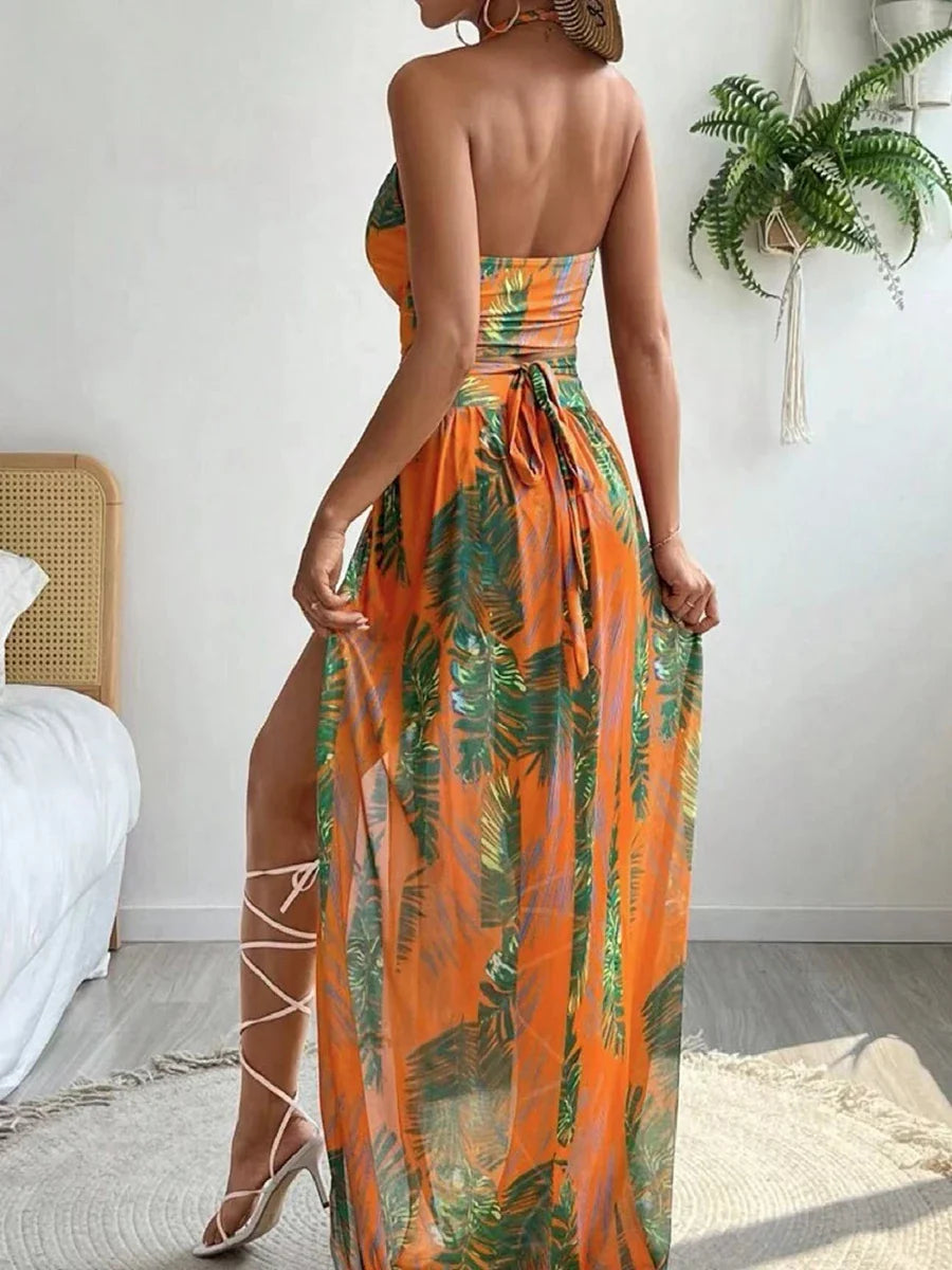 Beach Dresses- Tropical Temptation Halter Maxi 3 Pcs Set Dress- - IndioGear Women Clothing