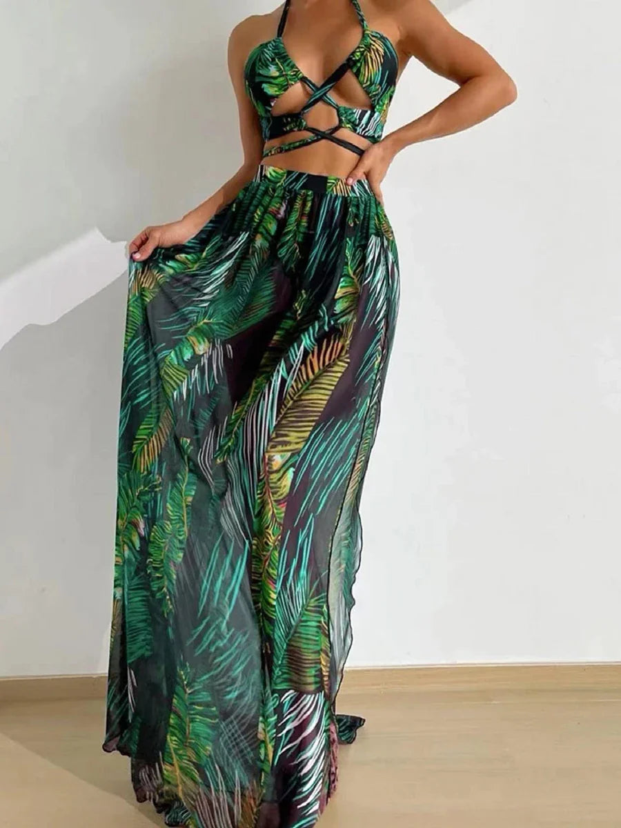 Beach Dresses- Tropical Temptation Halter Maxi 3 Pcs Set Dress- Green- IndioGear Women Clothing