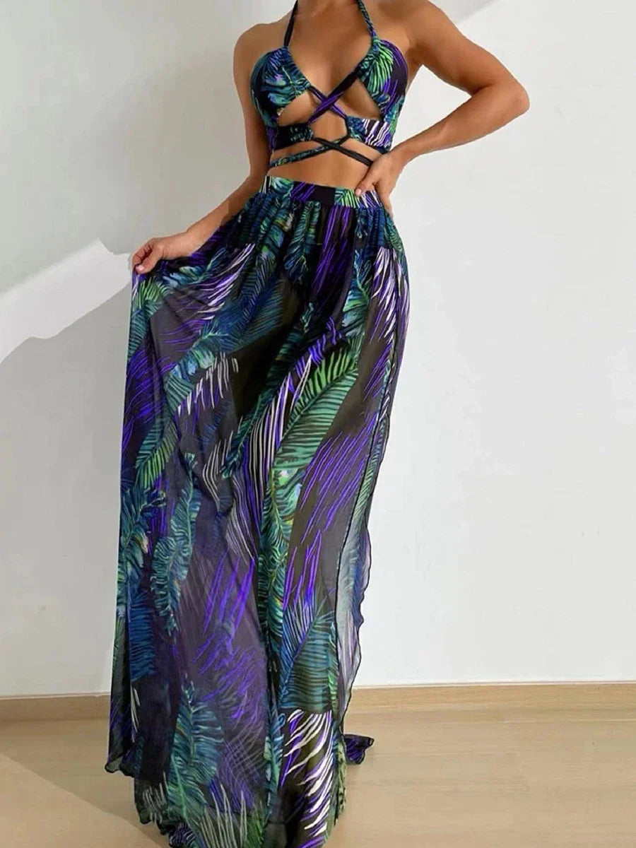 Beach Dresses- Tropical Temptation Halter Maxi 3 Pcs Set Dress- Purple- IndioGear Women Clothing