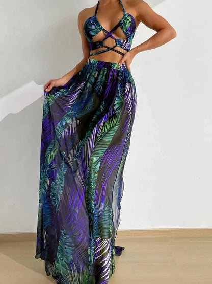 Beach Dresses- Tropical Temptation Halter Maxi 3 Pcs Set Dress- Purple- IndioGear Women Clothing