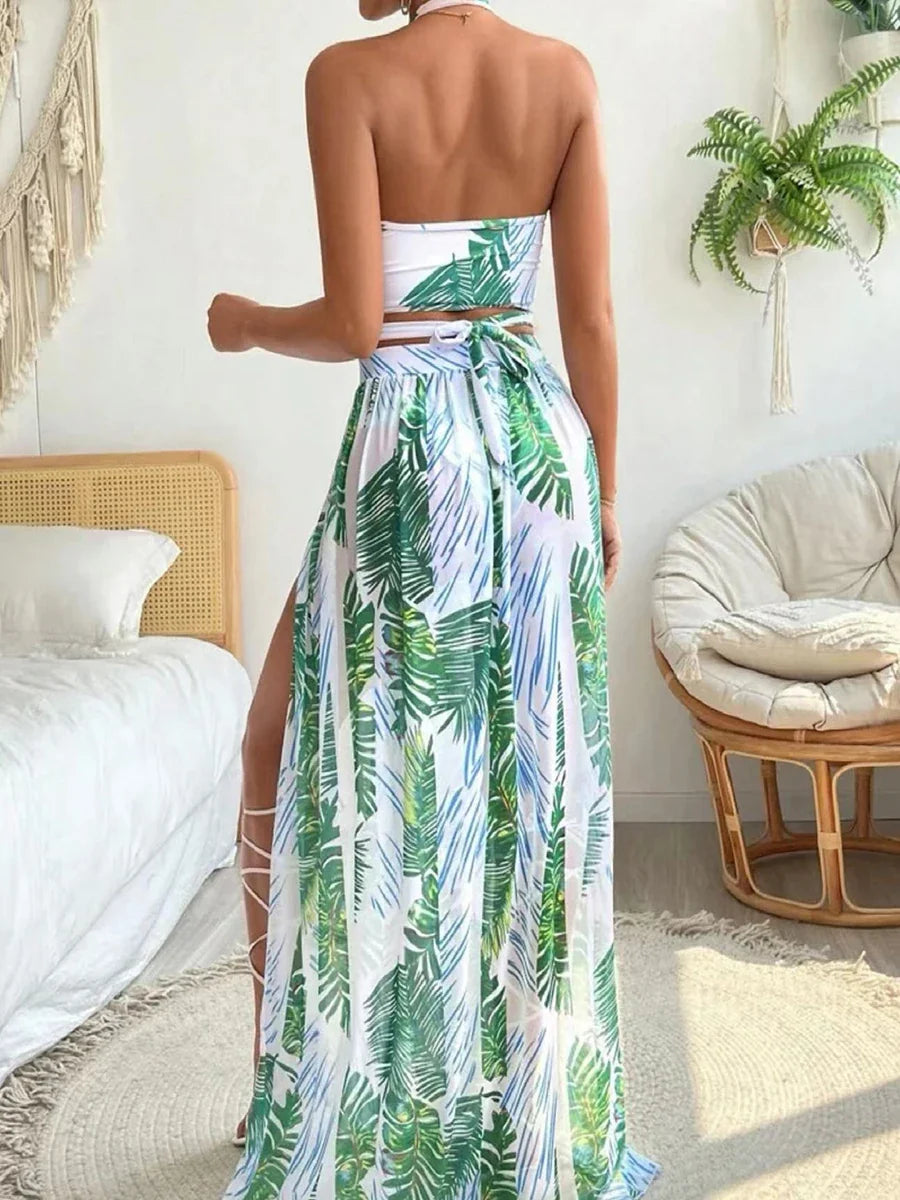 Beach Dresses- Tropical Temptation Halter Maxi 3 Pcs Set Dress- - IndioGear Women Clothing