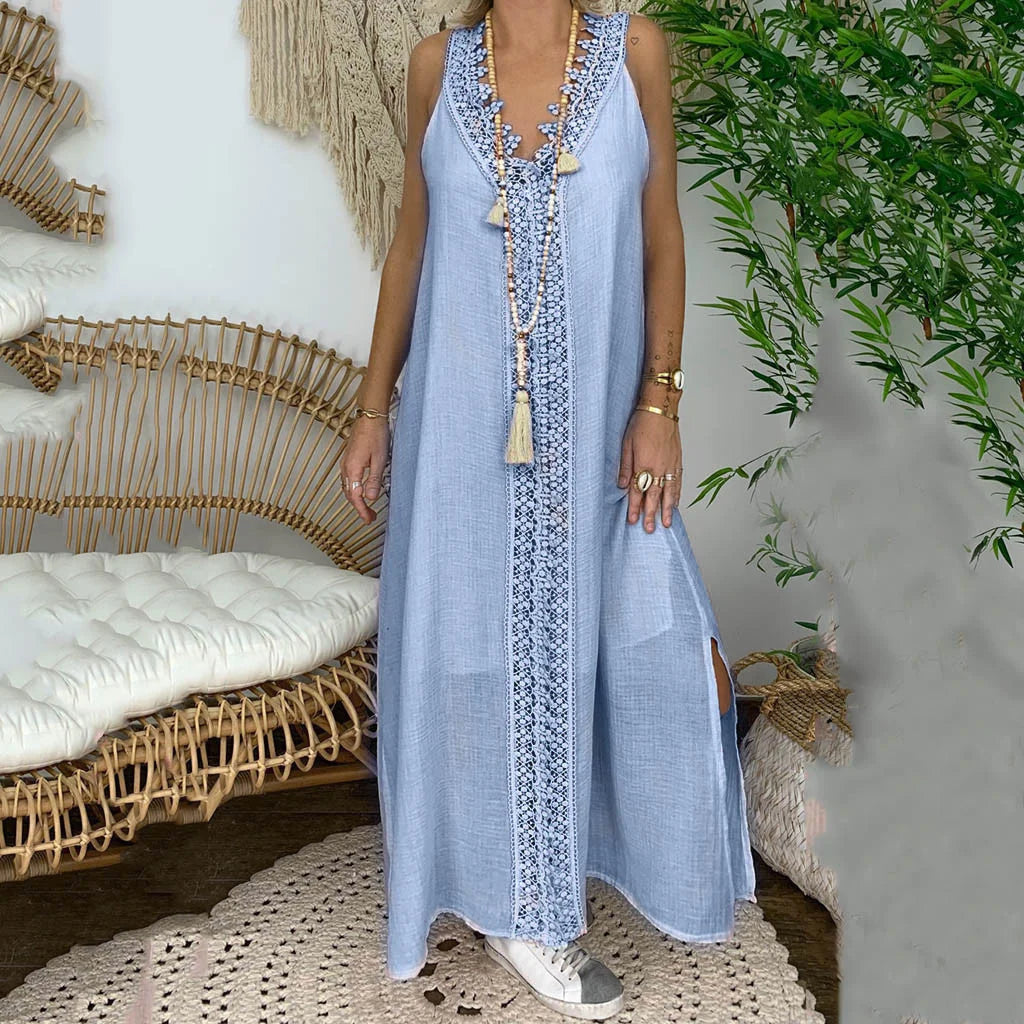 Beach Dresses- V-Neck Lace Detailed Maxi Dress for Summer Splendor- Blue- IndioGear.com