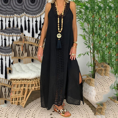 Beach Dresses- V-Neck Lace Detailed Maxi Dress for Summer Splendor- - IndioGear.com