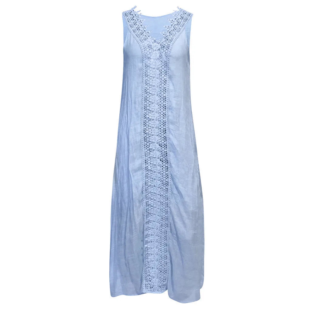 Beach Dresses- V-Neck Lace Detailed Maxi Dress for Summer Splendor- - IndioGear.com