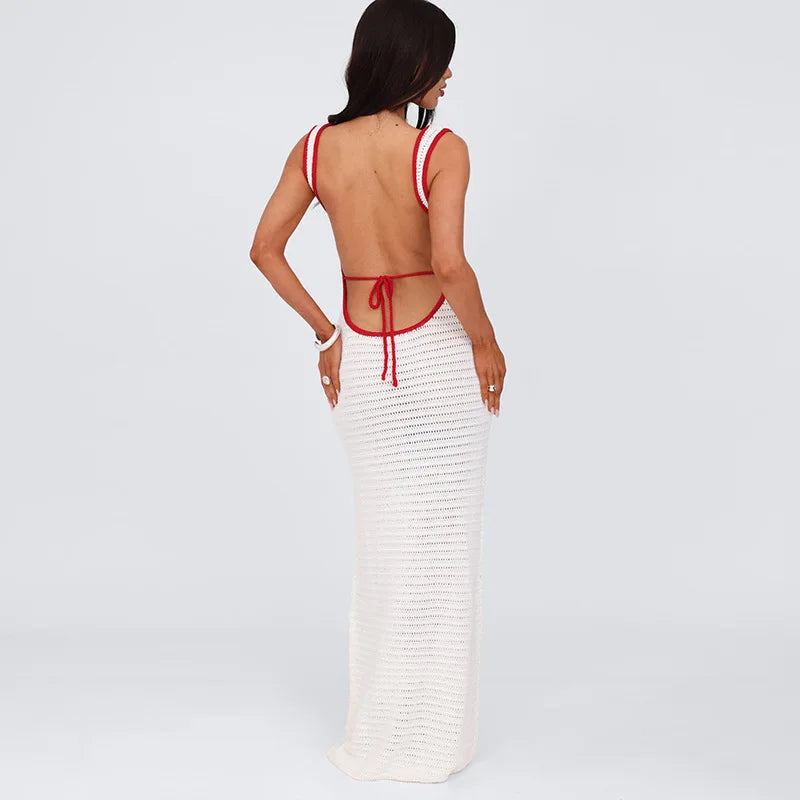 Beach Dresses- White Crochet Backless Maxi Dress – Summer Beach Vibes- - IndioGear Women Clothing