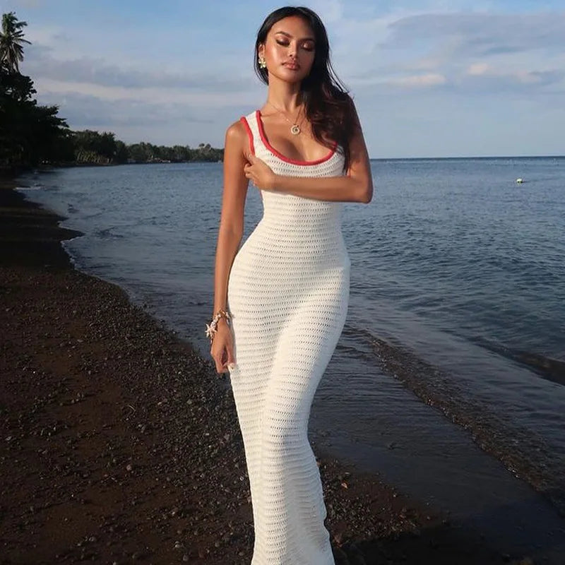 Beach Dresses- White Crochet Backless Maxi Dress – Summer Beach Vibes- - IndioGear Women Clothing