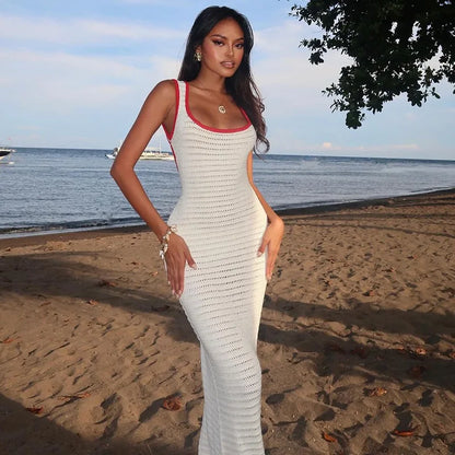 Beach Dresses- White Crochet Backless Maxi Dress – Summer Beach Vibes- - IndioGear Women Clothing