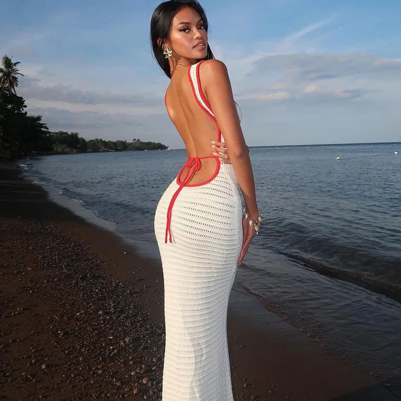 Beach Dresses- White Crochet Backless Maxi Dress – Summer Beach Vibes- - IndioGear Women Clothing