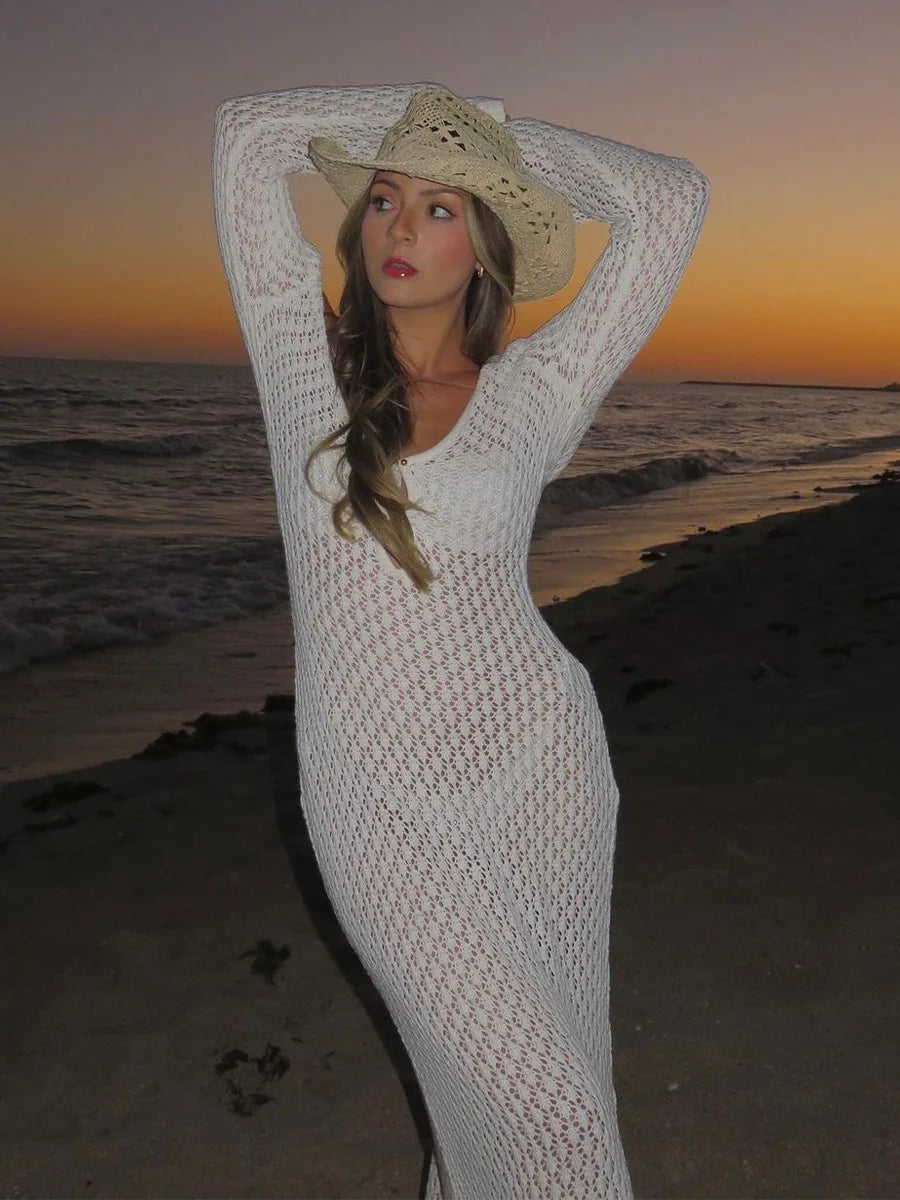 Beach Dresses- Women Long Sleeve Beach Maxi Dress Open Knit Cover-Up- - IndioGear.com