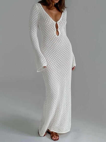 Beach Dresses- Women Long Sleeve Beach Maxi Dress Open Knit Cover-Up- White- IndioGear.com