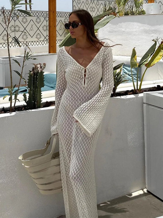 Beach Dresses- Women Long Sleeve Beach Maxi Dress Open Knit Cover-Up- - IndioGear.com