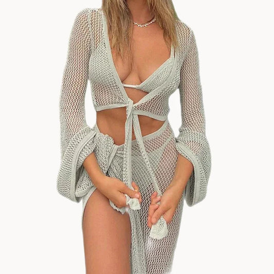 Beach Outfits- Women Wrap Knit Top & Skirt Beach Cover-Up Set- - IndioGear.com