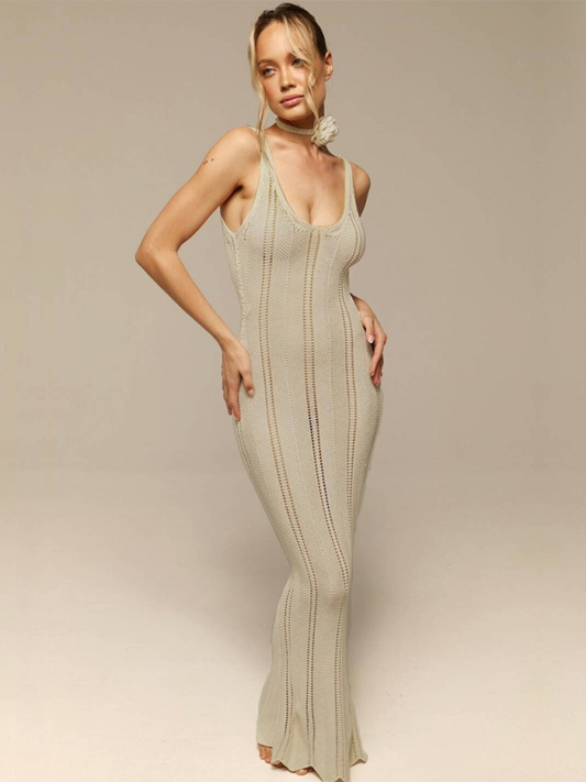 Beach Party Dresses- Women's Open Knit Maxi Dress for Beach Parties- Cracker khaki- IndioGear.com