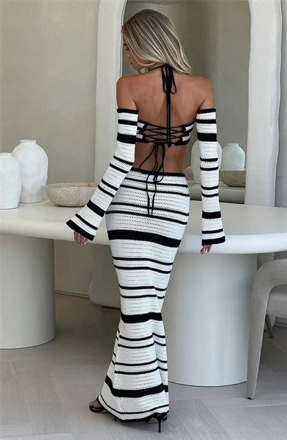 Beach Party Outfits- Striped Two-Piece Beach Party Outfit with Cold-Shoulder Top- - Chuzko Women Clothing