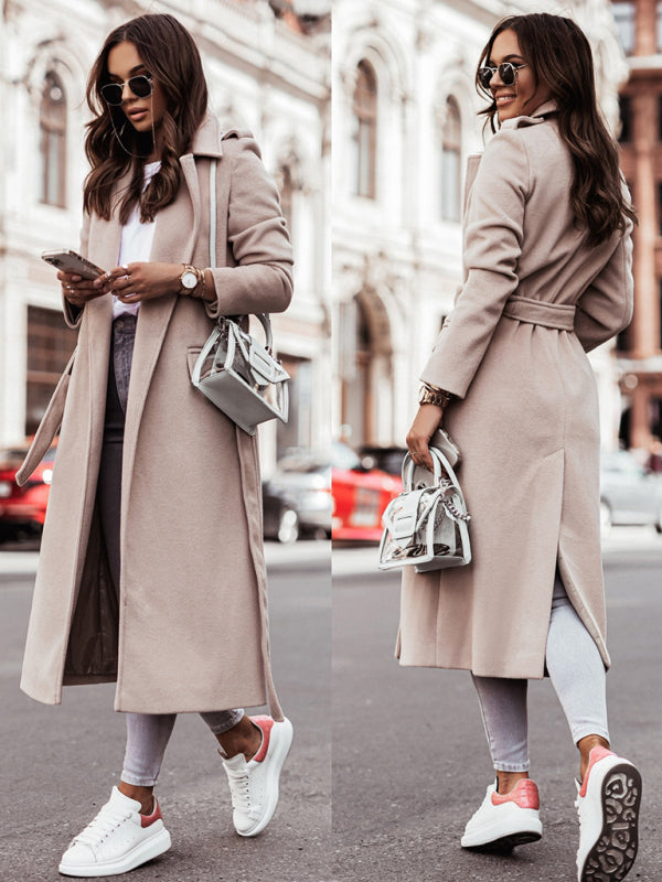 Belted Coat- Elegant Mid-Calf Belted Notch Lapel Coat- - IndioGear Women Clothing