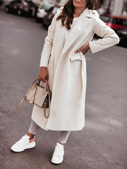 Belted Coat- Elegant Mid-Calf Belted Notch Lapel Coat- White- IndioGear Women Clothing