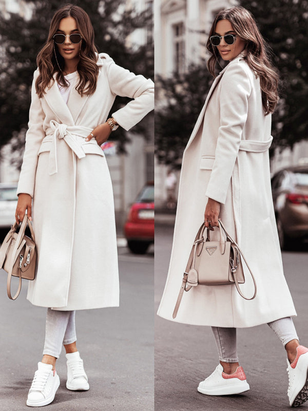 Belted Coat- Elegant Mid-Calf Belted Notch Lapel Coat- - IndioGear Women Clothing