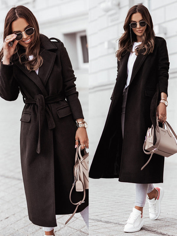 Belted Coat- Elegant Mid-Calf Belted Notch Lapel Coat- - IndioGear Women Clothing