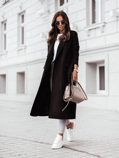 Belted Coat- Elegant Mid-Calf Belted Notch Lapel Coat- - IndioGear Women Clothing