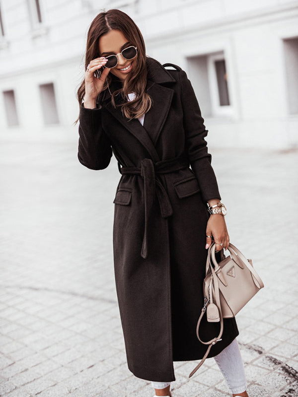 Belted Coat- Elegant Mid-Calf Belted Notch Lapel Coat- Black- IndioGear Women Clothing