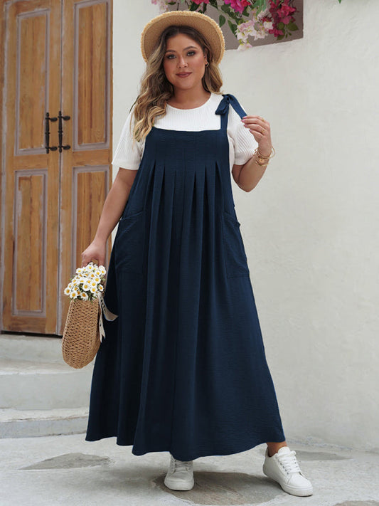 Bib Dress- Laid-Back Curvy Midi Bib Dress in Earthy Tones- Blue- IndioGear.com