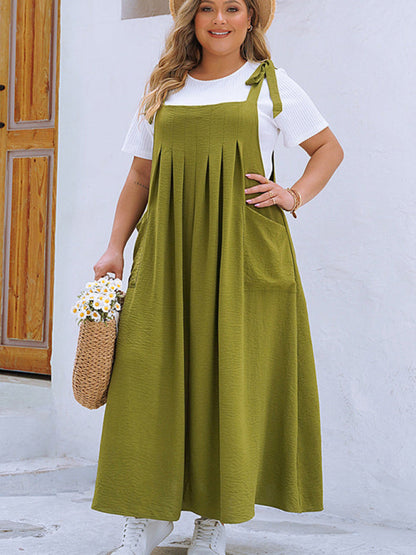 Bib Dress- Laid-Back Curvy Midi Bib Dress in Earthy Tones- - IndioGear.com