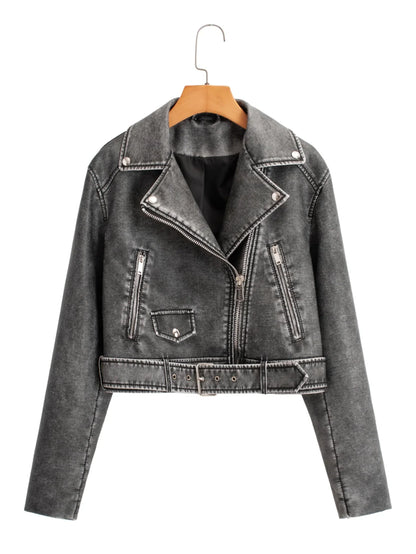 Biker Jackets- Women Edgy Faux Leather Tailored Biker Jacket- Gray- IndioGear.com