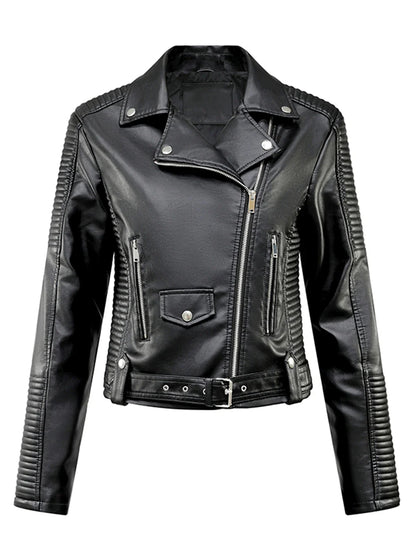 Biker Jackets- Women Faux Leather Belted Moto Biker Jacket- - IndioGear.com