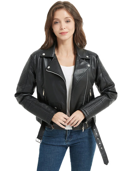 Biker Jackets- Women Faux Leather Belted Moto Biker Jacket- - IndioGear.com