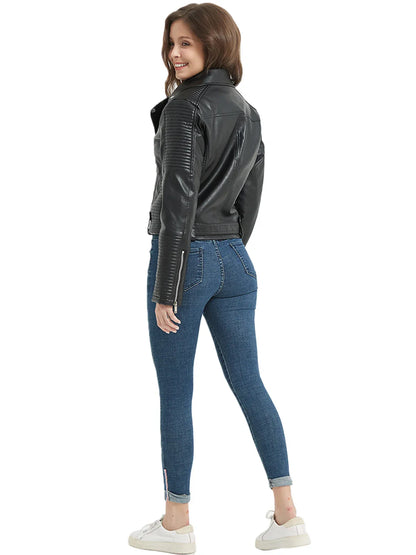 Biker Jackets- Women Faux Leather Belted Moto Biker Jacket- - IndioGear.com