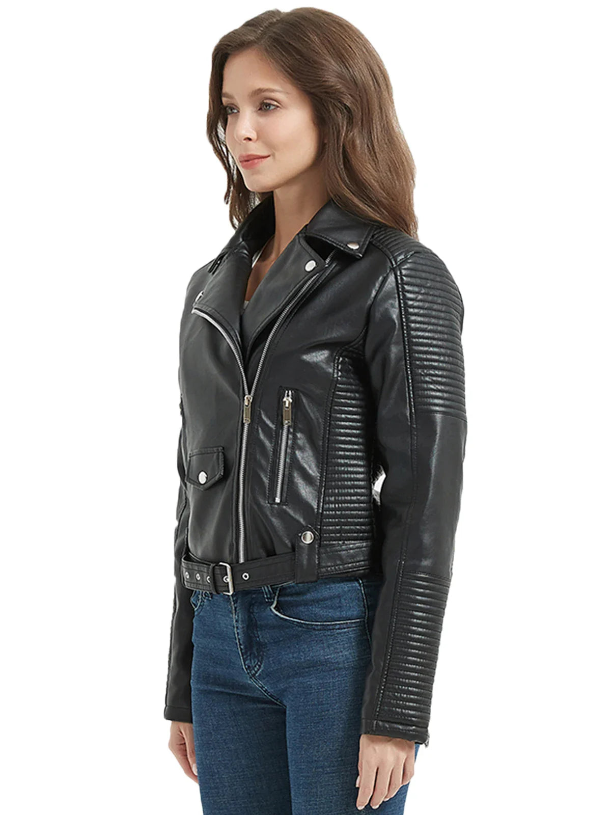 Biker Jackets- Women Faux Leather Belted Moto Biker Jacket- - IndioGear.com