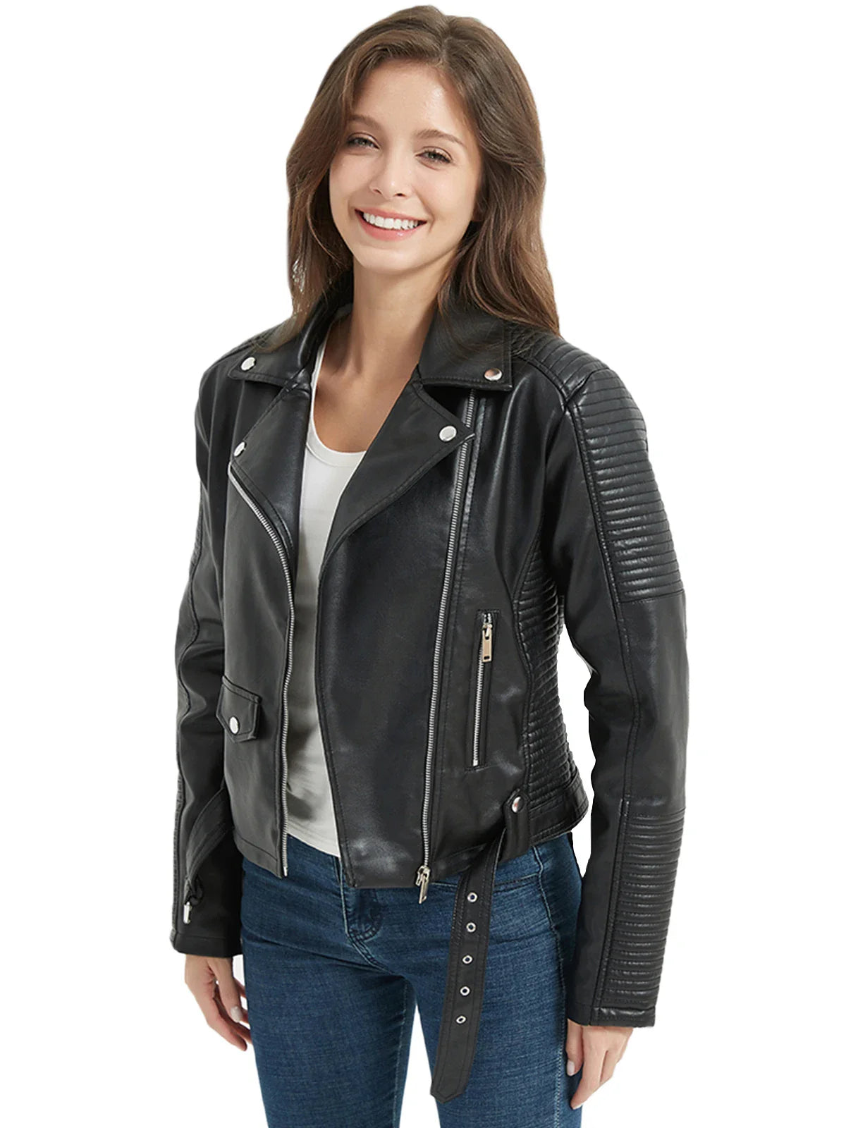 Biker Jackets- Women Faux Leather Belted Moto Biker Jacket- - IndioGear.com