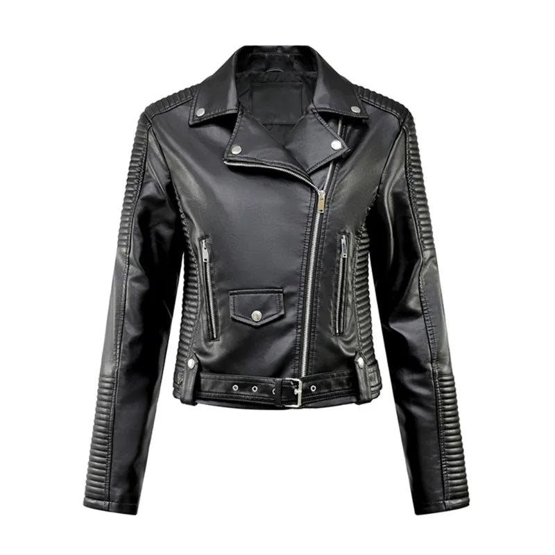 Biker Jackets- Women Faux Leather Belted Moto Biker Jacket- Black- IndioGear.com