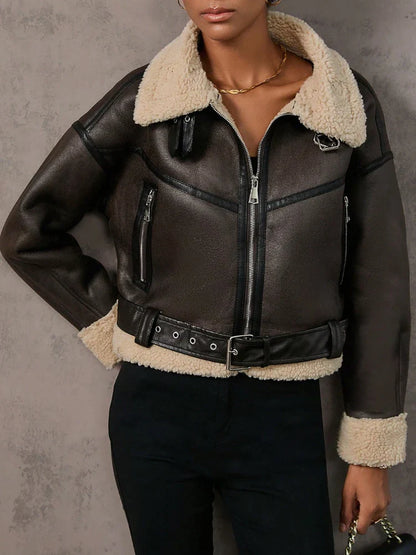 Biker Jackets- Women Shearling-Lined Biker Jacket – Outerwear for Fall and Winter- - IndioGear.com