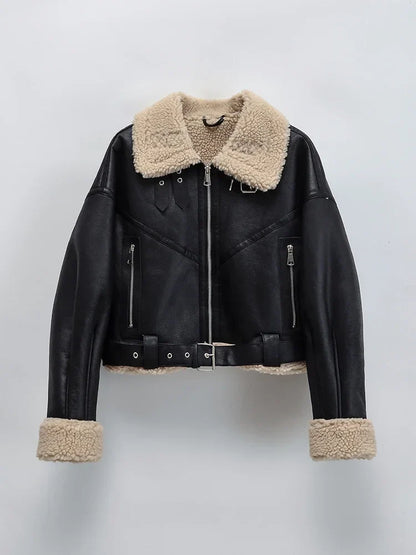 Biker Jackets- Women Shearling-Lined Biker Jacket – Outerwear for Fall and Winter- Black- IndioGear.com