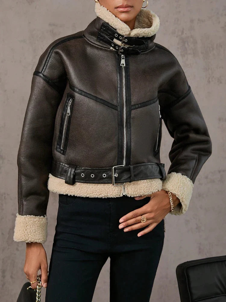 Biker Jackets- Women Shearling-Lined Biker Jacket – Outerwear for Fall and Winter- - IndioGear.com