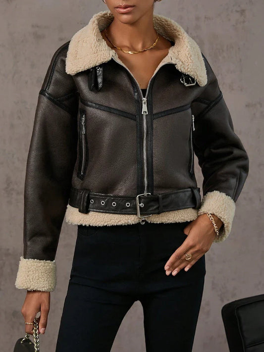 Biker Jackets- Women Shearling-Lined Biker Jacket – Outerwear for Fall and Winter- Brown- IndioGear.com