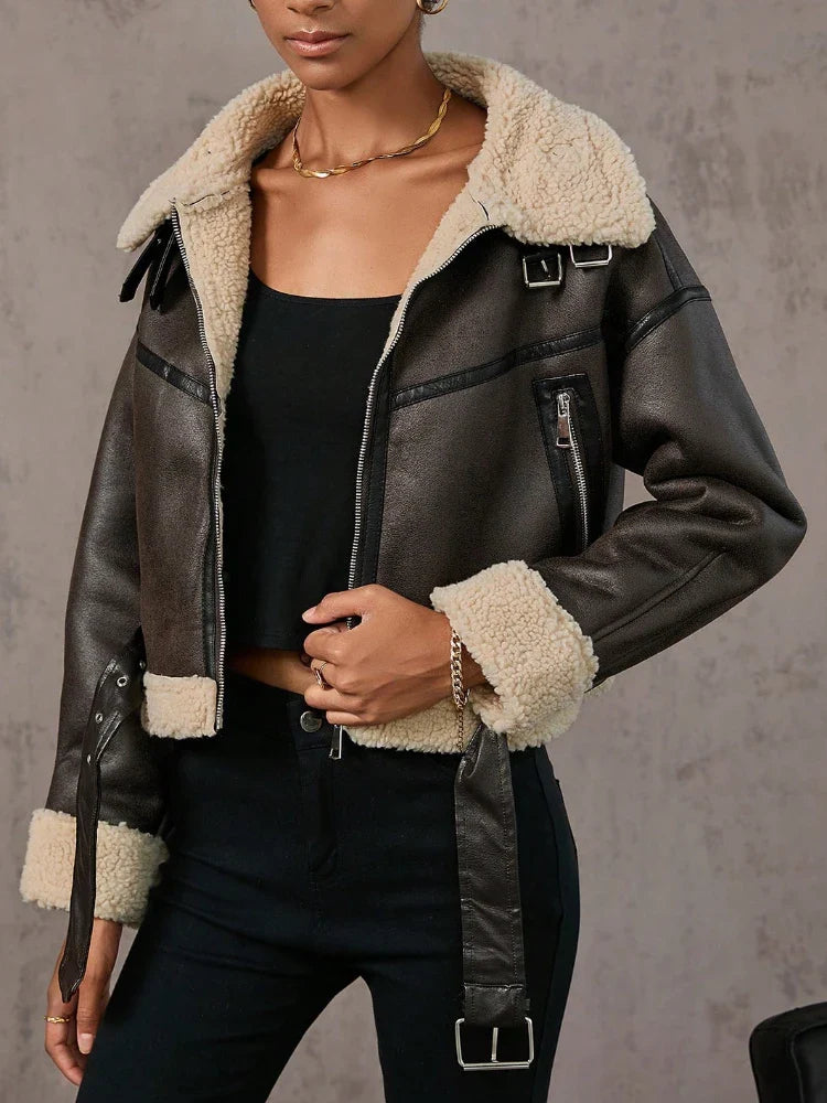 Biker Jackets- Women Shearling-Lined Biker Jacket – Outerwear for Fall and Winter- - IndioGear.com