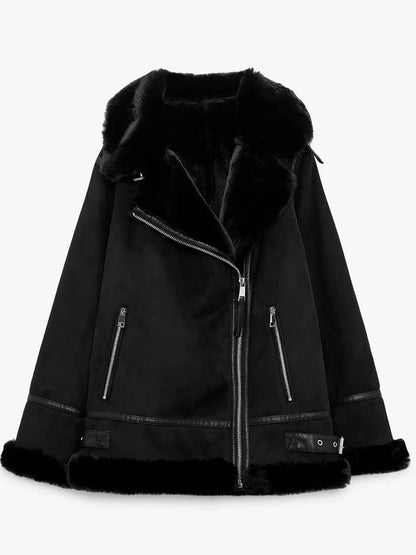 Biker Jackets- Women Winter Faux Leather Biker Jacket with Shearling Trim- Black- IndioGear.com