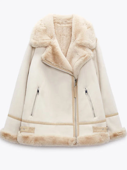 Biker Jackets- Women Winter Faux Leather Biker Jacket with Shearling Trim- Beige- IndioGear.com