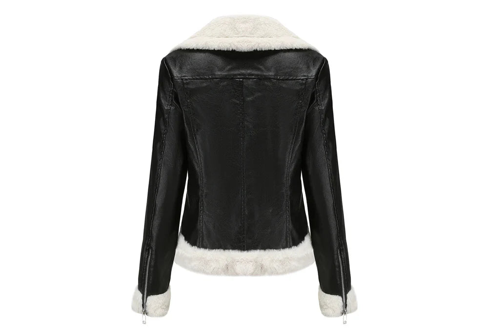 Biker Jackets- Women Winter Warmth Faux Leather Biker Jacket with Fur Trim- - IndioGear.com