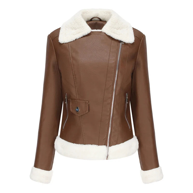 Biker Jackets- Women Winter Warmth Faux Leather Biker Jacket with Fur Trim- Coffee- IndioGear.com