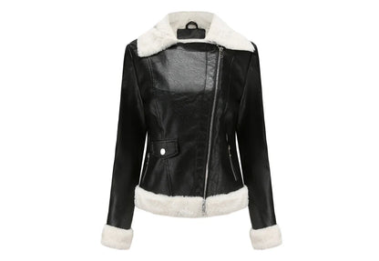 Biker Jackets- Women Winter Warmth Faux Leather Biker Jacket with Fur Trim- - IndioGear.com