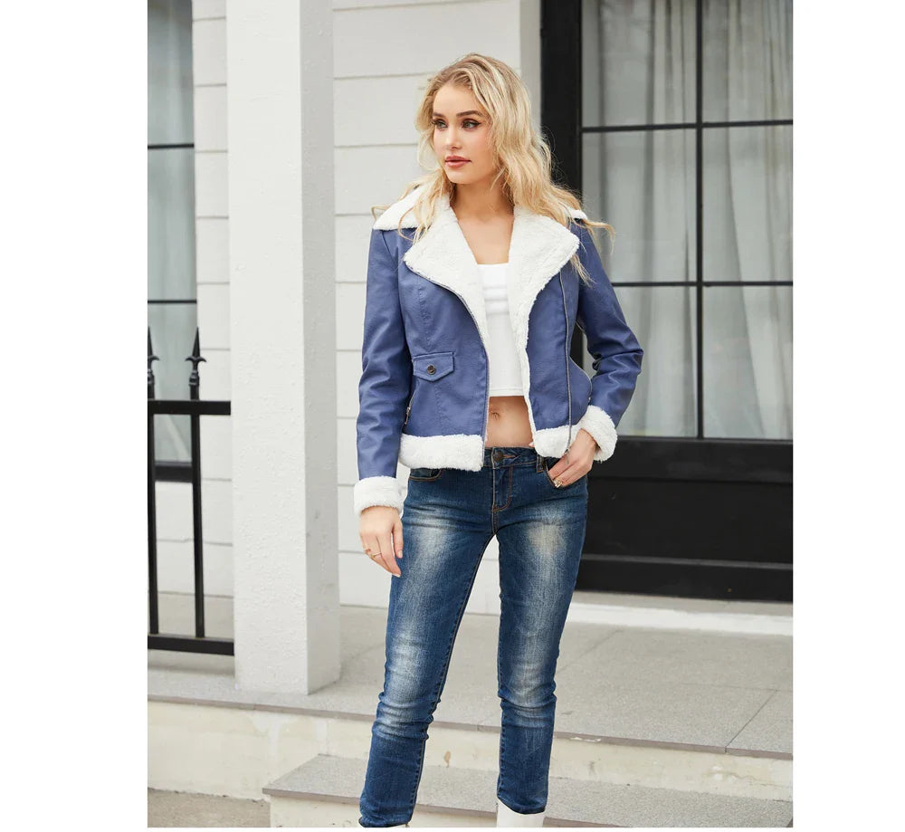 Biker Jackets- Women Winter Warmth Faux Leather Biker Jacket with Fur Trim- - IndioGear.com