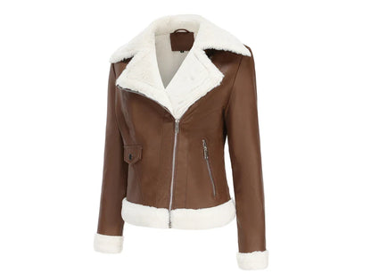 Biker Jackets- Women Winter Warmth Faux Leather Biker Jacket with Fur Trim- - IndioGear.com