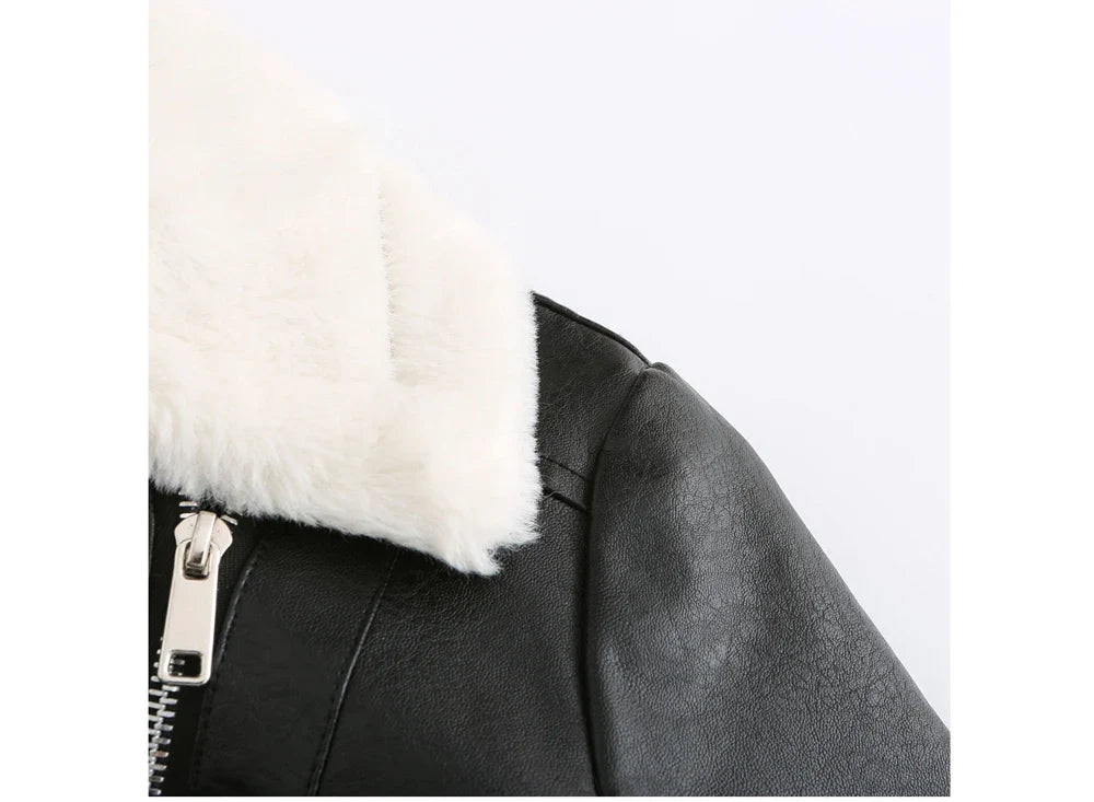 Biker Jackets- Women Winter Warmth Faux Leather Biker Jacket with Fur Trim- - IndioGear.com