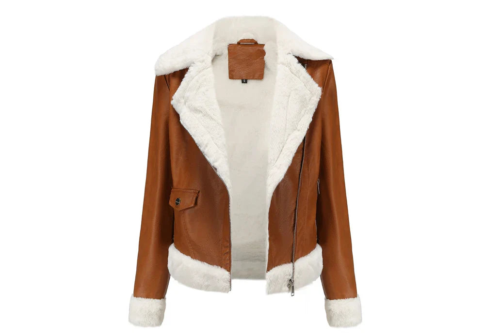 Biker Jackets- Women Winter Warmth Faux Leather Biker Jacket with Fur Trim- - IndioGear.com