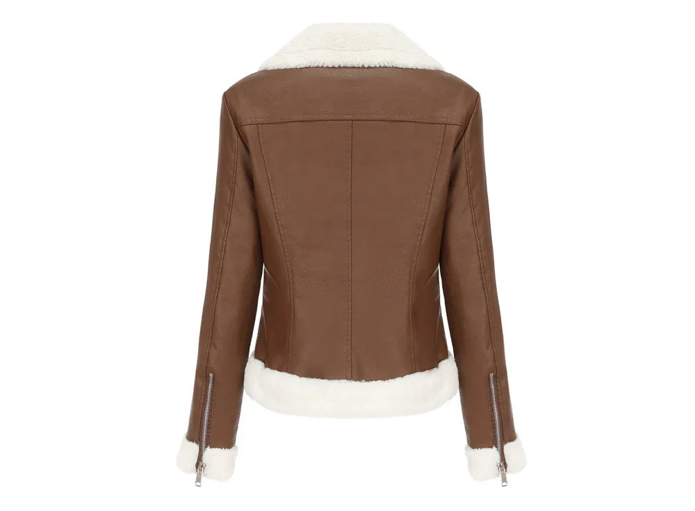 Biker Jackets- Women Winter Warmth Faux Leather Biker Jacket with Fur Trim- - IndioGear.com